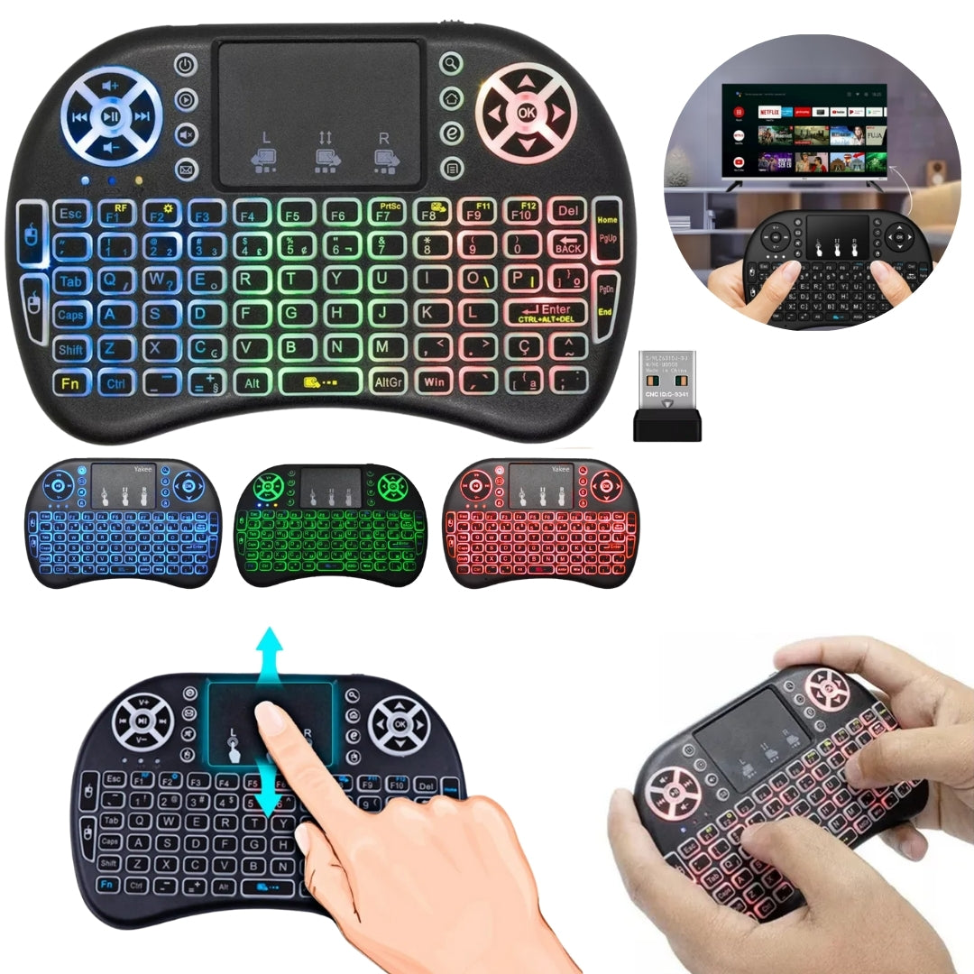 Teclado Controle Sem Fio Recarregável Mini Smart RGB Preto para TV, Box e PC - SmartKey™