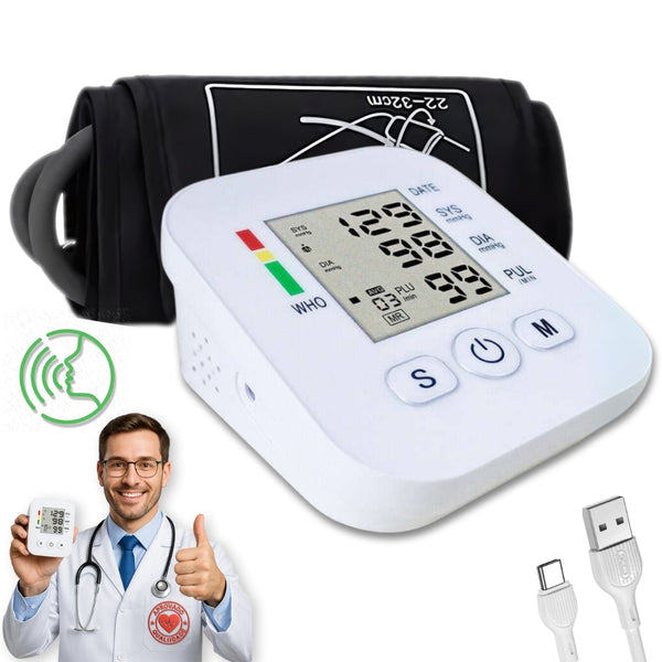 Medidor Pressão Digital Braço Automático Voz LCD Memória USB Pilha Branco Fácil Uso – Pressionix™