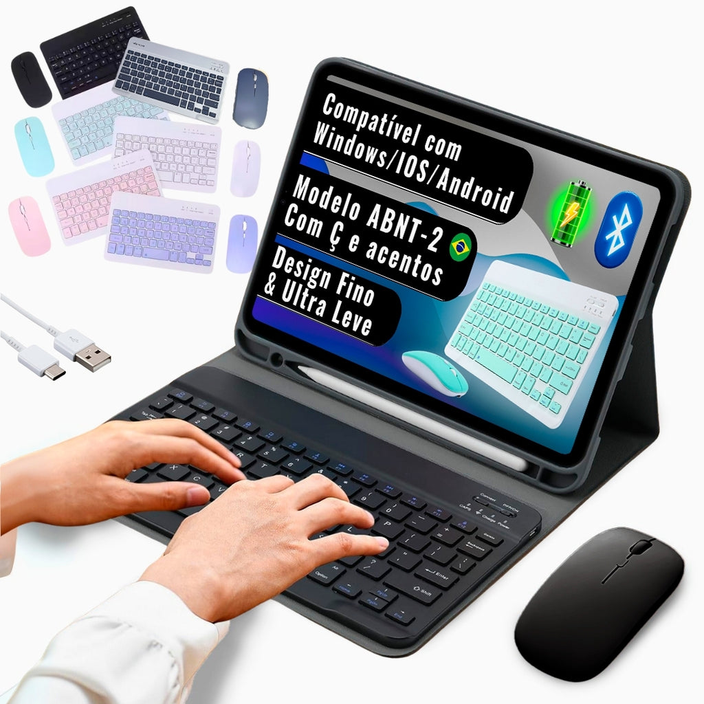 Kit Teclado e Mouse Bluetooth Sem Fio Portátil Leve Wireless Magnético Para Tablet Celular Tab S6 Lite iPad – SmartType™