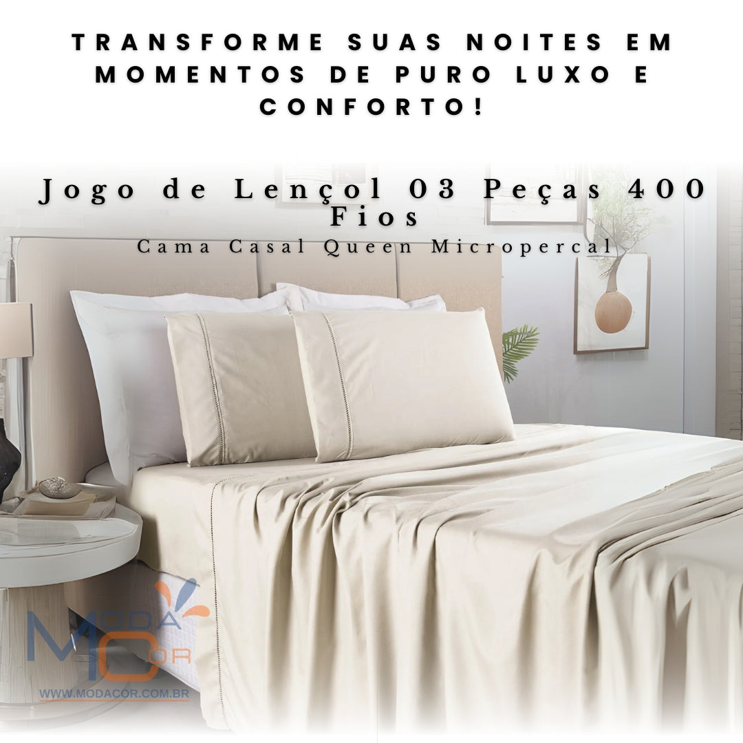 Jogo Lençol 3 Peças Casal Queen 400 Fios Micropercal Toque Suave Elástico Ponto Palito – SoftDream™