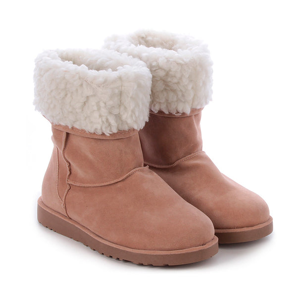 Bota Feminina Uggui Bege com Branco Forrada Com Pelos Para Frio Inverno Neve