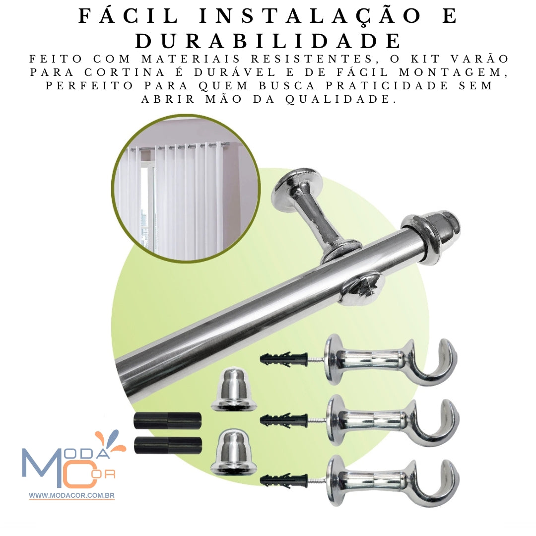 Kit completo varão cortina aço 2m a 3m EleganceSteel com ponteiras