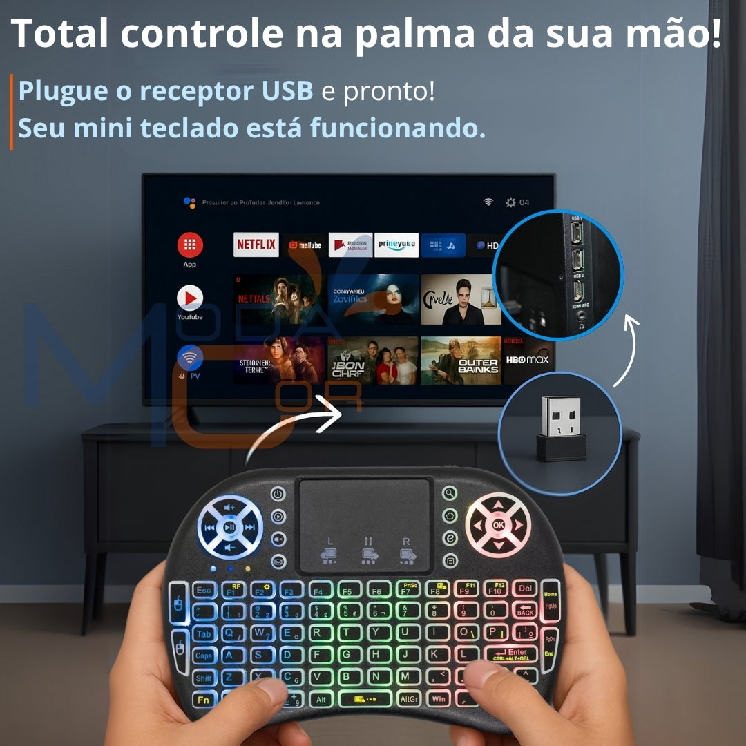Teclado Controle Sem Fio Recarregável Mini Smart RGB Preto para TV, Box e PC - SmartKey™
