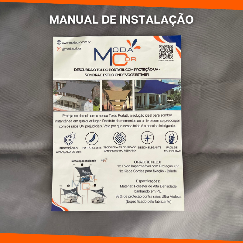 Tela de Sombreamento Toldo Portátil Impermeável com Proteção UV 50+ Flexível e Ultra Resistente + Cordas (BRINDE)