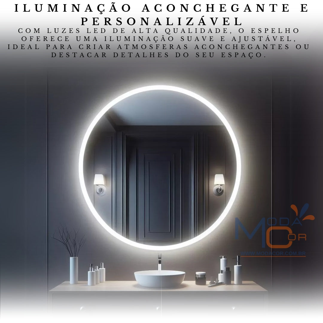 Espelho Redondo 40Cm X 40Cm Lapidado Led COM FONTE Ambiente Moderno Decoração Espelho Quarto