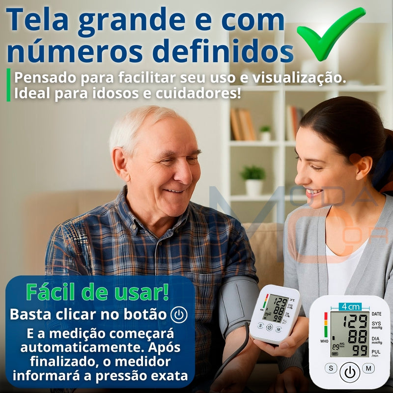 Medidor Pressão Digital Braço Automático Voz LCD Memória USB Pilha Branco Fácil Uso – Pressionix™