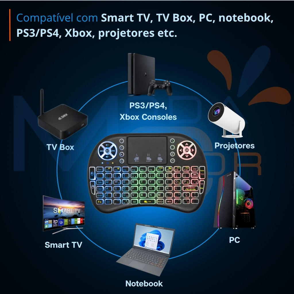 Teclado Controle Sem Fio Recarregável Mini Smart RGB Preto para TV, Box e PC - SmartKey™