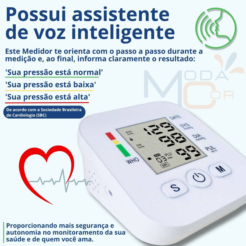 Medidor Pressão Digital Braço Automático Voz LCD Memória USB Pilha Branco Fácil Uso – Pressionix™