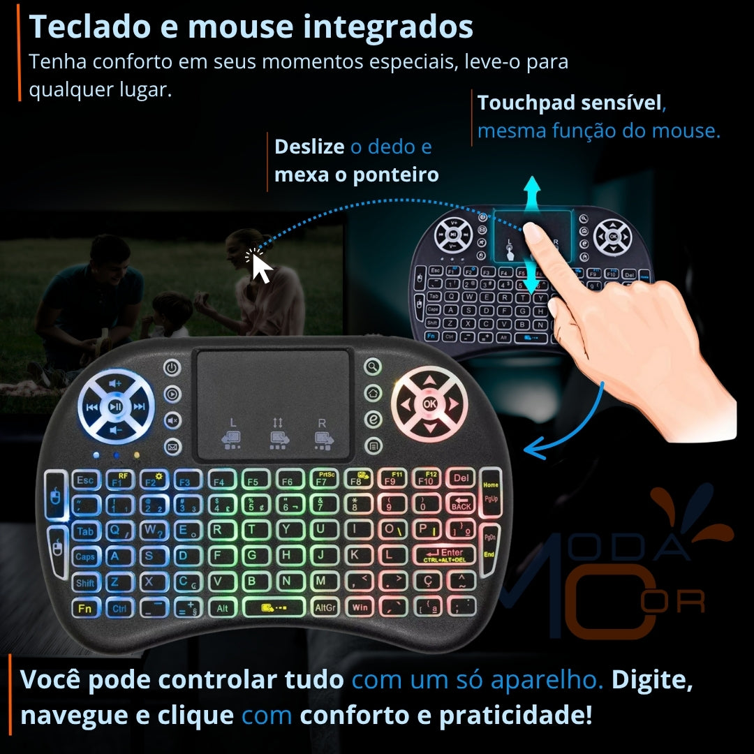 Teclado Controle Sem Fio Recarregável Mini Smart RGB Preto para TV, Box e PC - SmartKey™