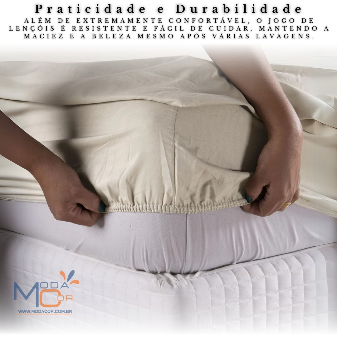 Jogo Lençol 3 Peças Casal Queen 400 Fios Micropercal Toque Suave Elástico Ponto Palito – SoftDream™