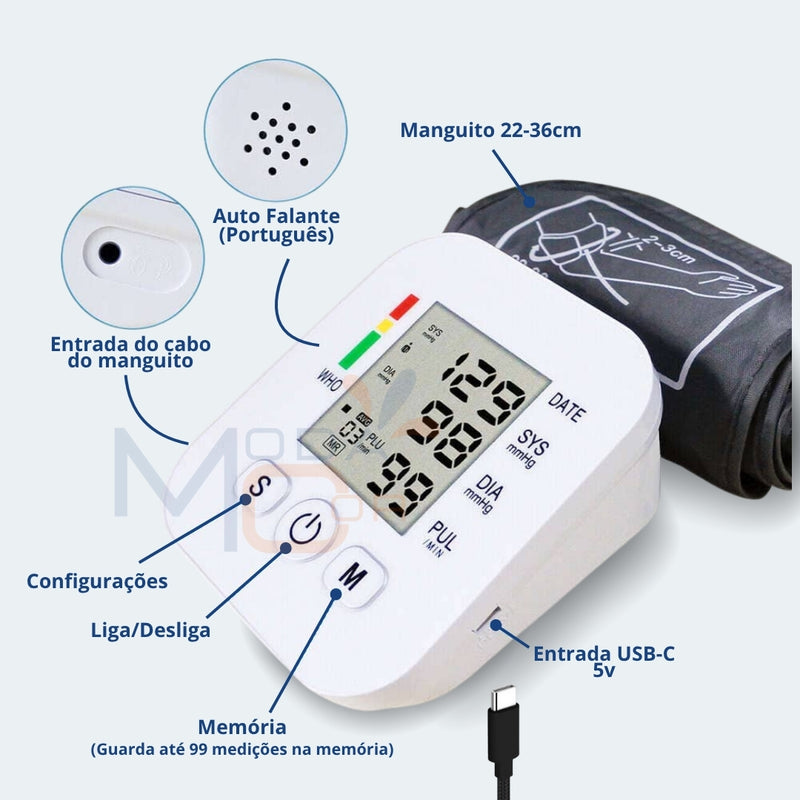 Medidor Pressão Digital Braço Automático Voz LCD Memória USB Pilha Branco Fácil Uso – Pressionix™