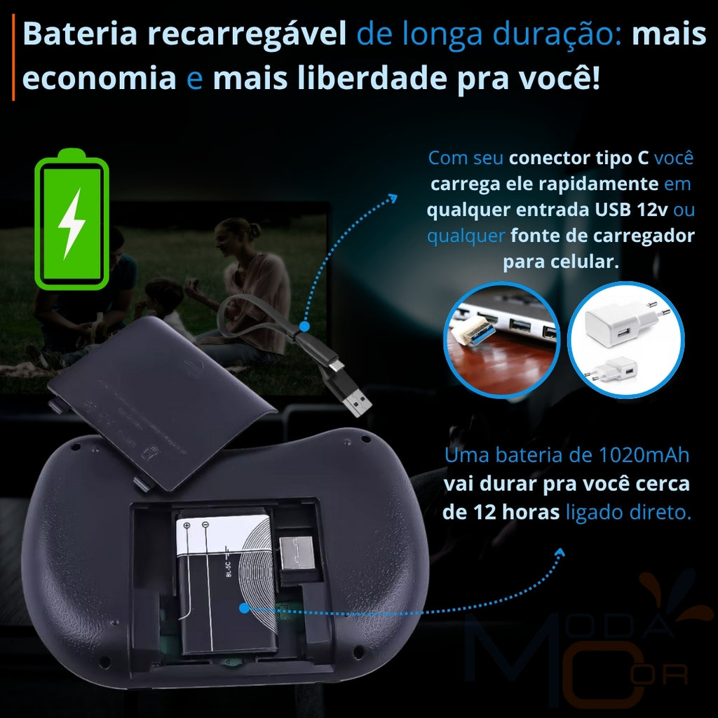 Teclado Controle Sem Fio Recarregável Mini Smart RGB Preto para TV, Box e PC - SmartKey™