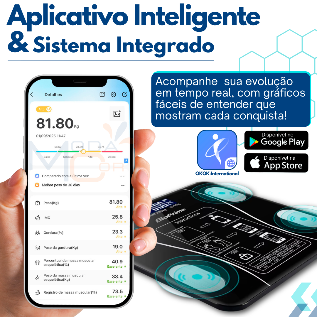 Balança de Bioimpedância Digital Inteligente com Bluetooth - Moda Cor