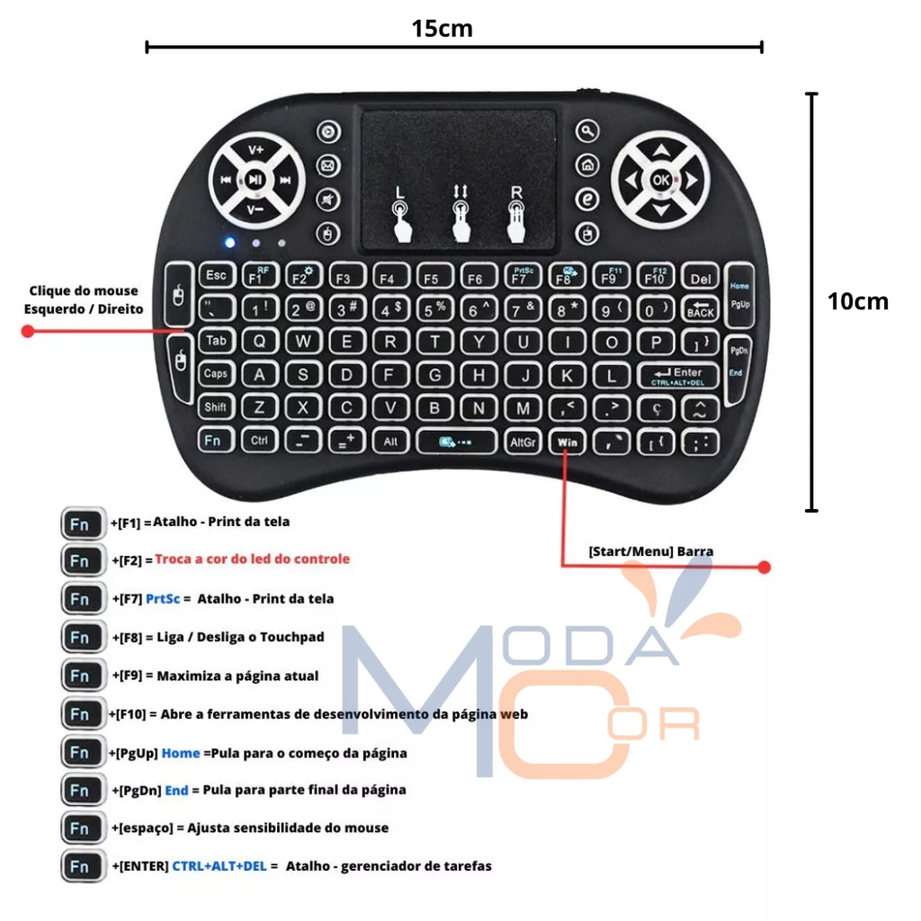 Teclado Controle Sem Fio Recarregável Mini Smart RGB Preto para TV, Box e PC - SmartKey™