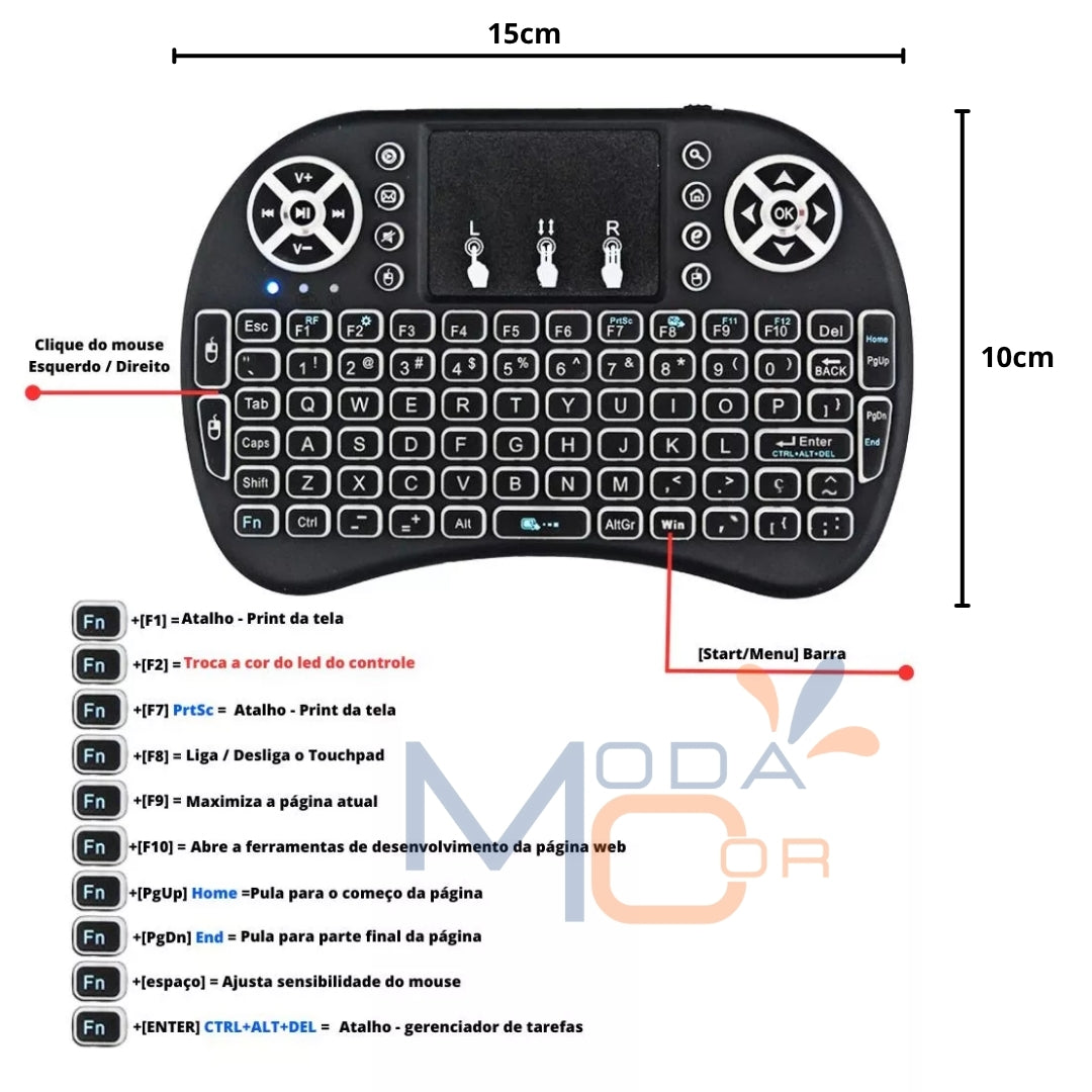 Teclado Controle Sem Fio Recarregável Mini Smart RGB Preto para TV, Box e PC - SmartKey™
