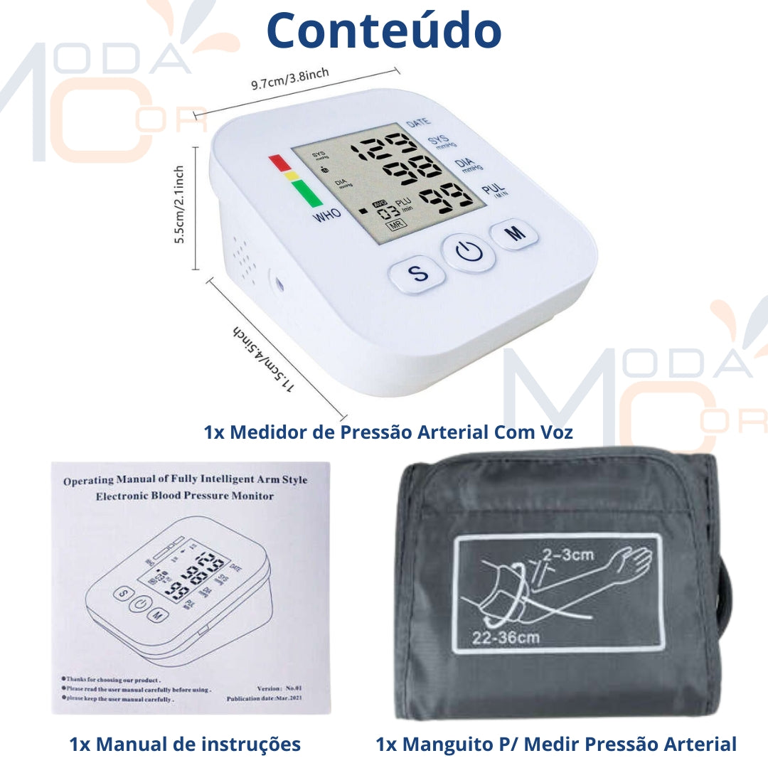Medidor Pressão Digital Braço Automático Voz LCD Memória USB Pilha Branco Fácil Uso – Moda Cor™