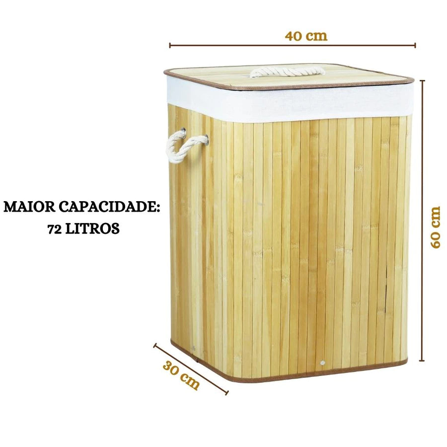 Cesto Roupa Suja Dobrável Bambu 70L Lavanderia Quarto Banheiro com Tampa Retangular Forrado BambuLuxe™