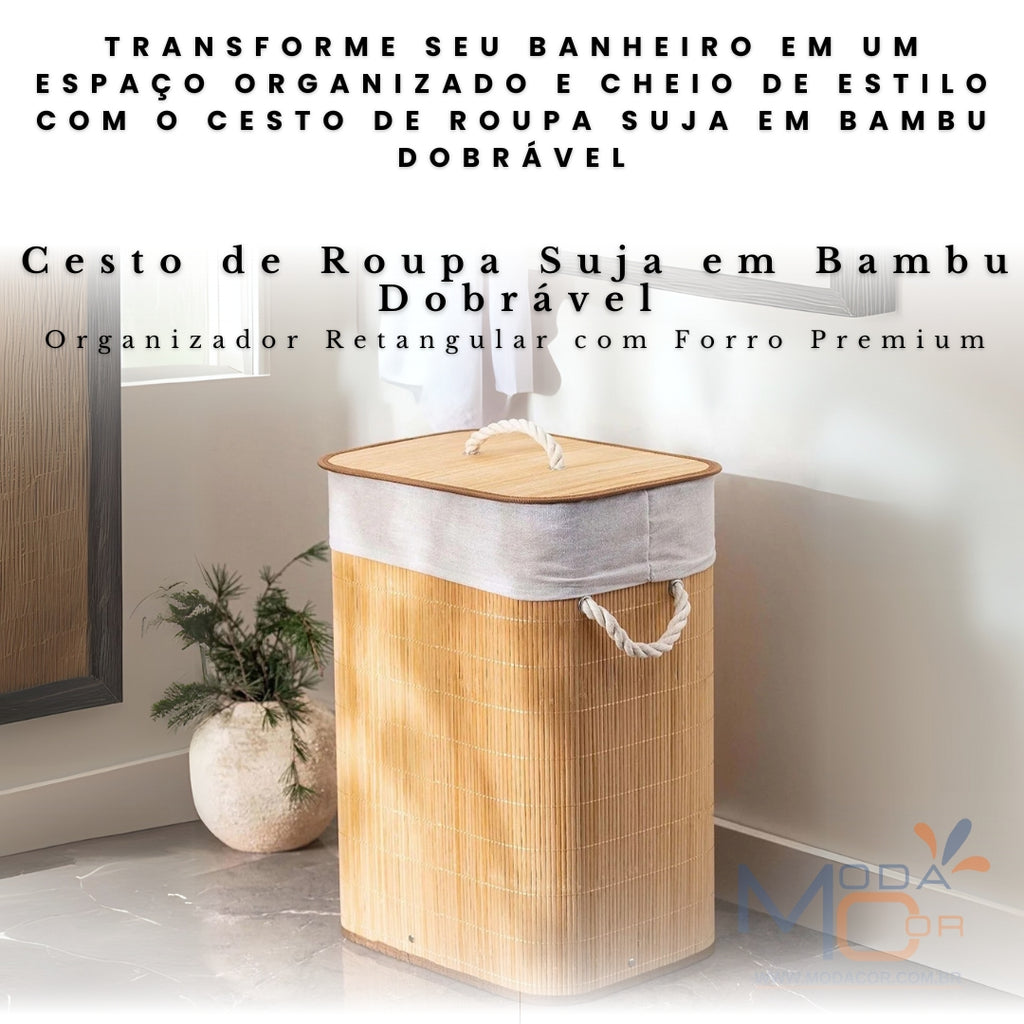 Cesto Roupa Suja Dobrável Bambu 70L Lavanderia Quarto Banheiro com Tampa Retangular Forrado BambuLuxe™