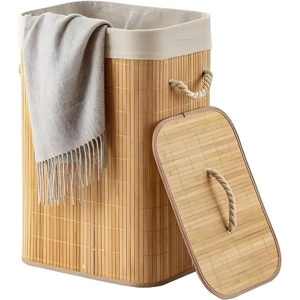 Cesto Roupa Suja Dobrável Bambu 70L Lavanderia Quarto Banheiro com Tampa Retangular Forrado BambuLuxe™