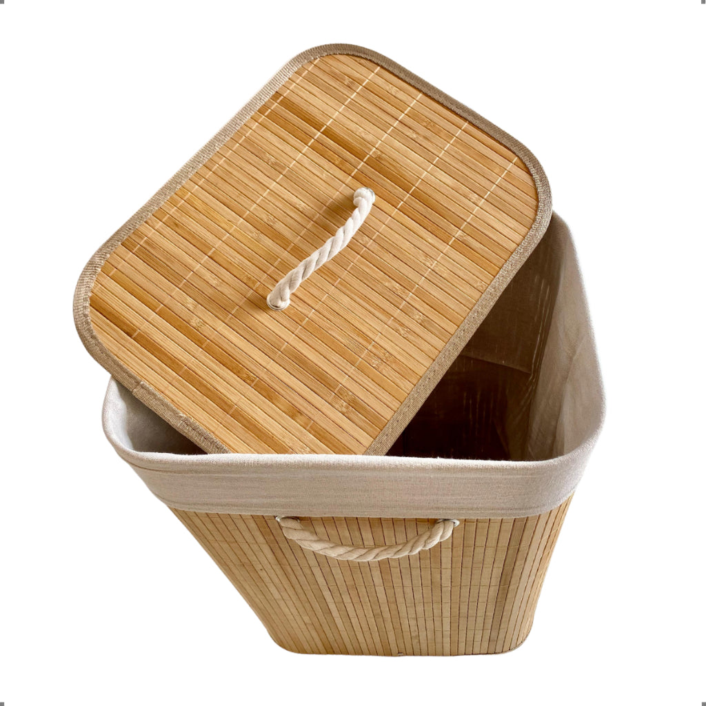 Cesto Roupa Suja Dobrável Bambu 70L Lavanderia Quarto Banheiro com Tampa Retangular Forrado BambuLuxe™