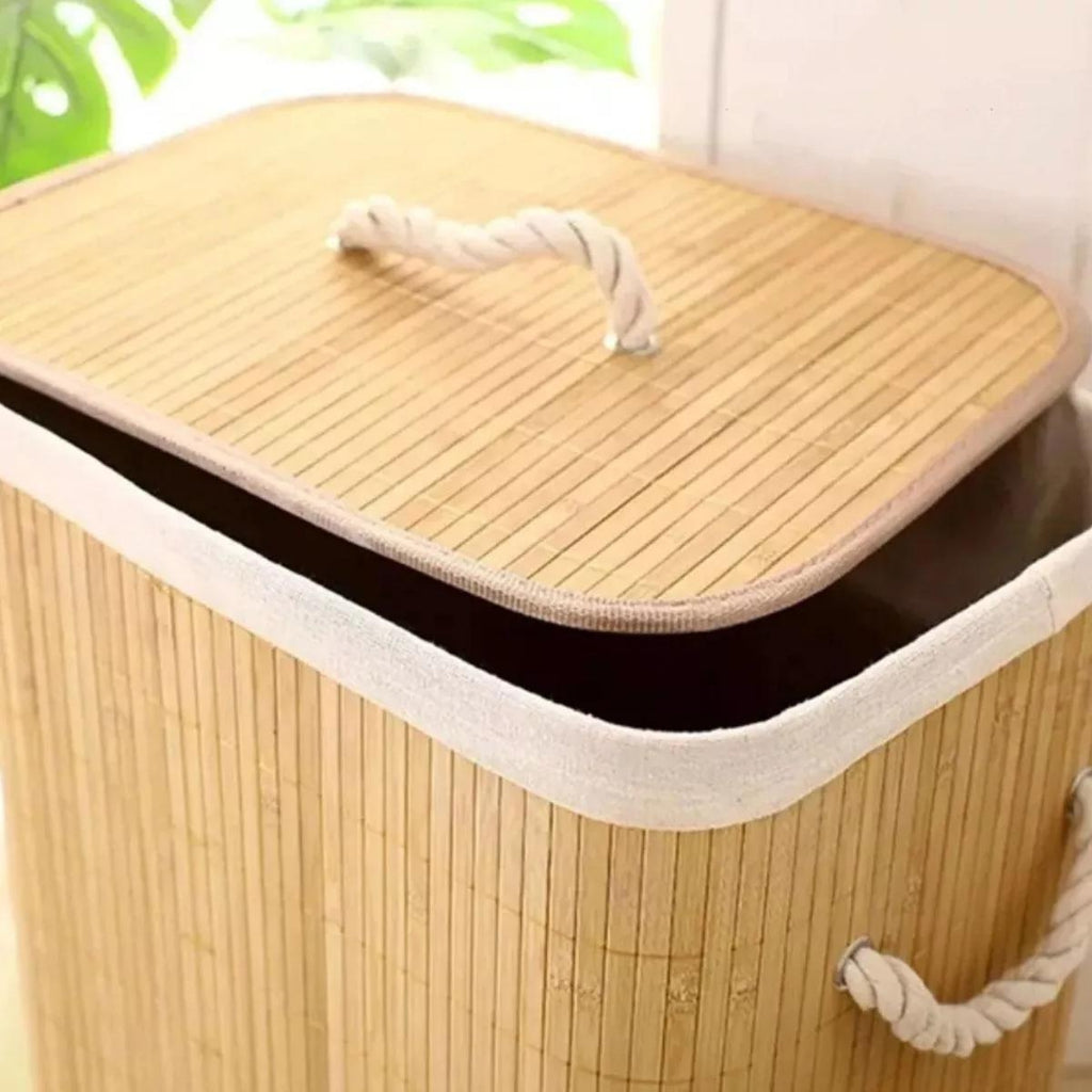 Cesto Roupa Suja Dobrável Bambu 70L Lavanderia Quarto Banheiro com Tampa Retangular Forrado BambuLuxe™