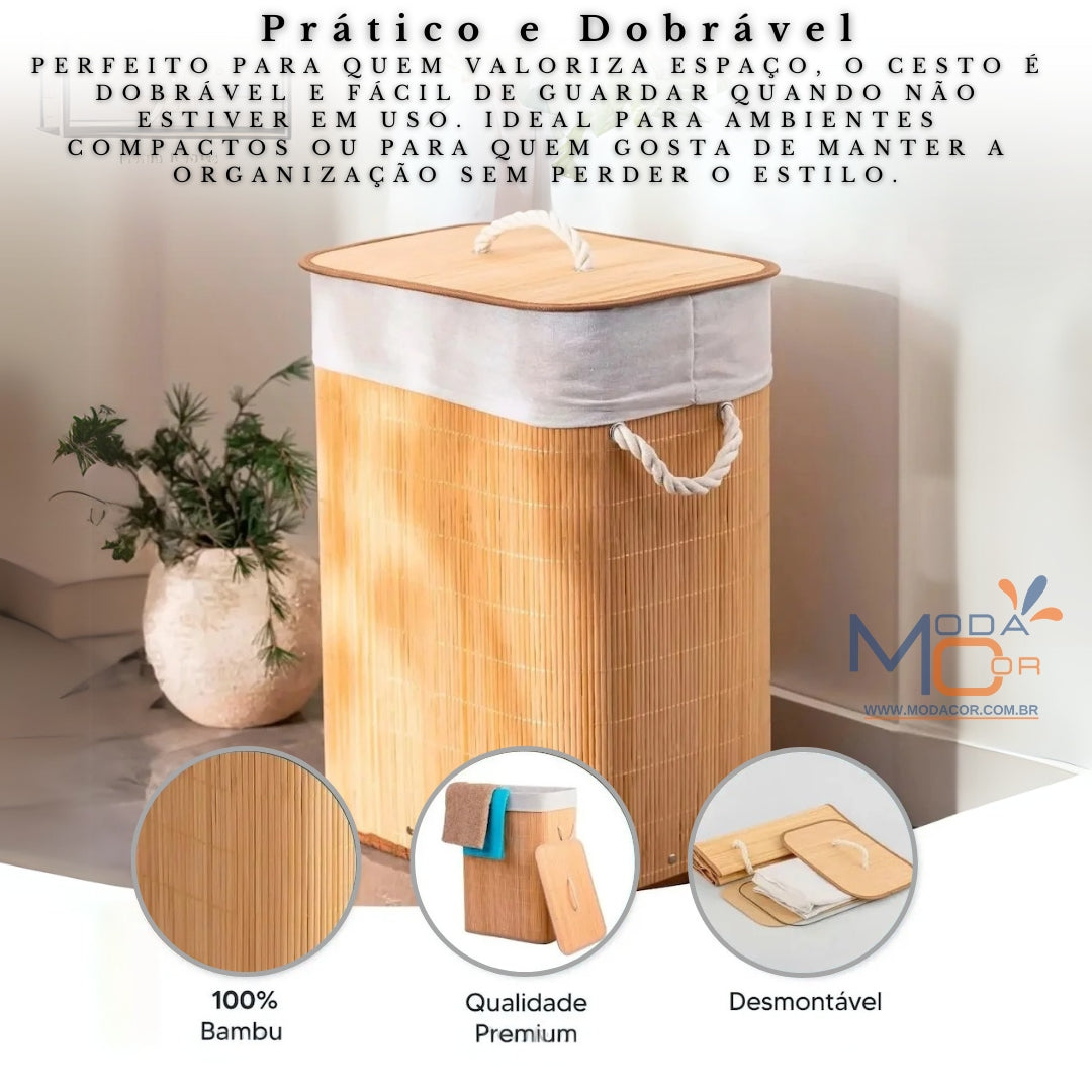 Cesto Roupa Suja Dobrável Bambu 70L Lavanderia Quarto Banheiro com Tampa Retangular Forrado BambuLuxe™