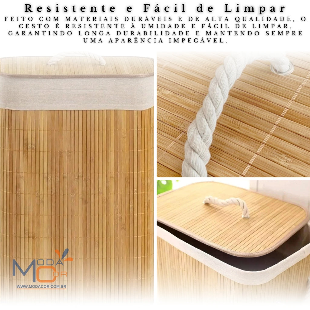 Cesto Roupa Suja Dobrável Bambu 70L Lavanderia Quarto Banheiro com Tampa Retangular Forrado BambuLuxe™