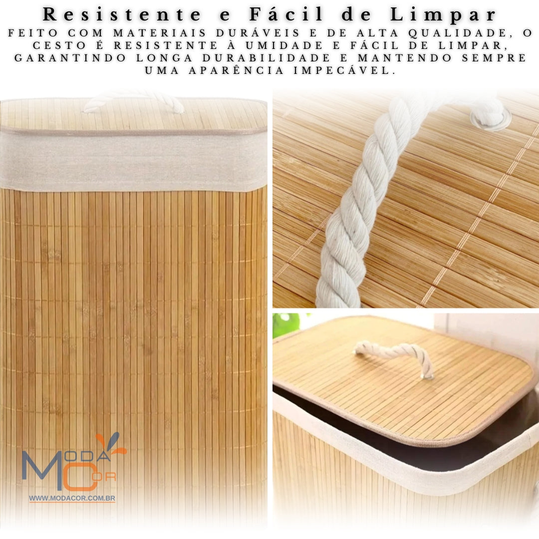 Cesto Roupa Suja Dobrável Bambu 70L Lavanderia Quarto Banheiro com Tampa Retangular Forrado BambuLuxe™
