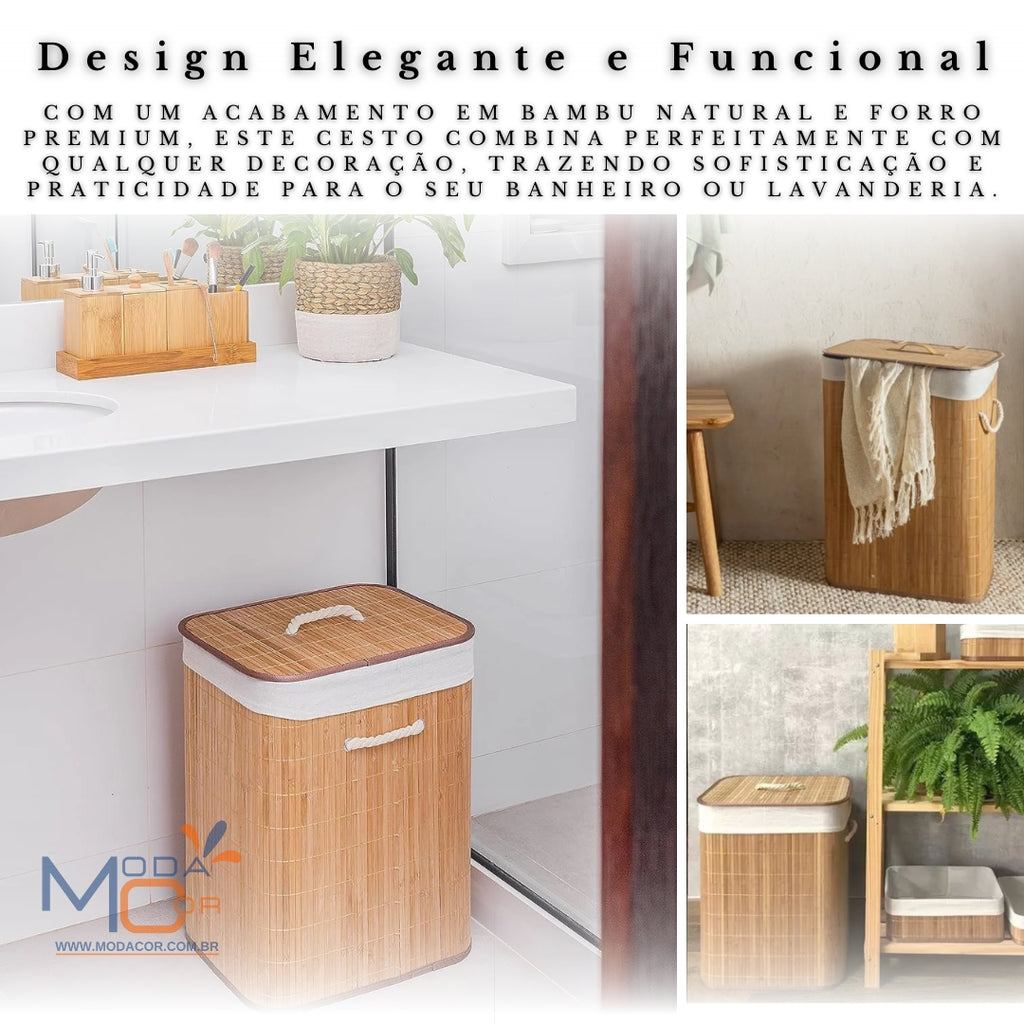 Cesto Roupa Suja Dobrável Bambu 70L Lavanderia Quarto Banheiro com Tampa Retangular Forrado BambuLuxe™