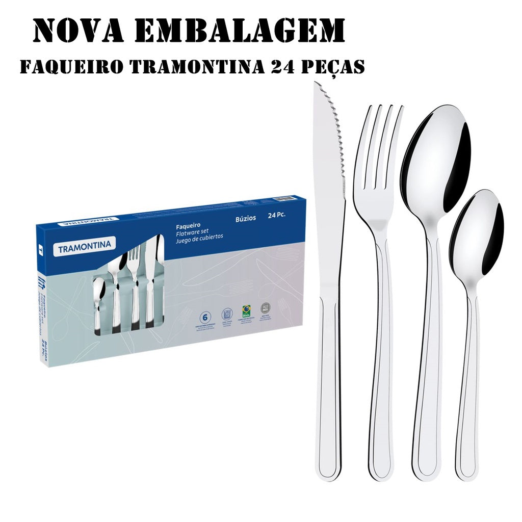 Faqueiro Inox 24 Peças Brilho Kit Mesa Posta Simples Utensílios Cozinha Búzios – LuxSet™
