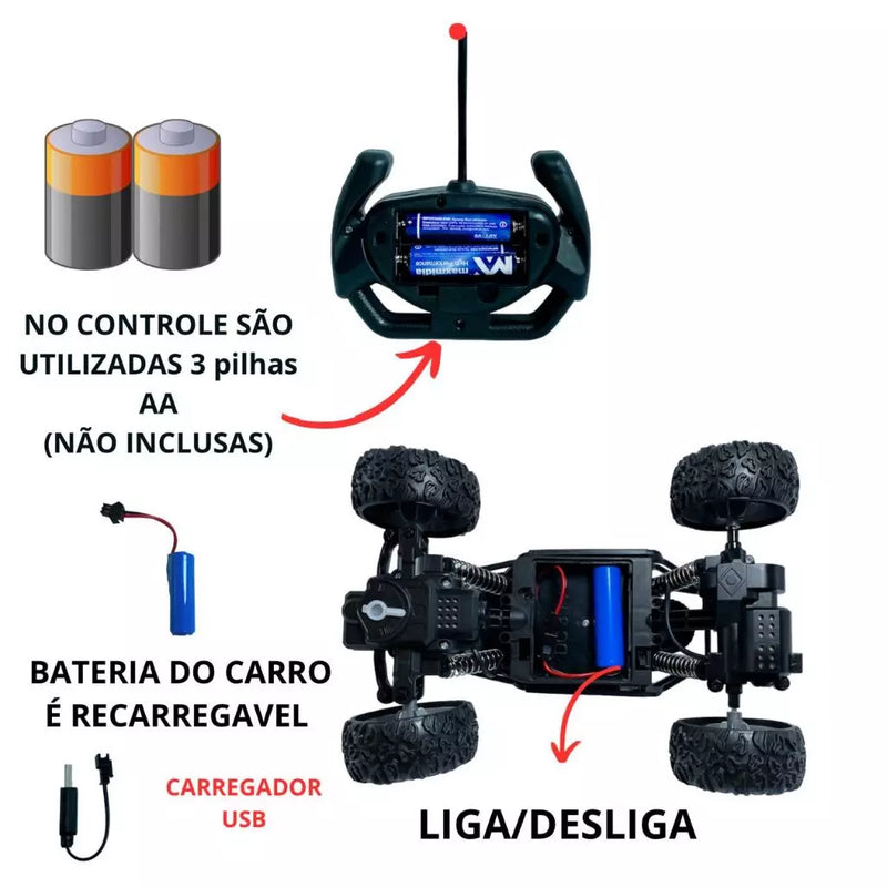 Carrinho de Controle Remoto Off Road Monster C/ 2 Motores Recarregável