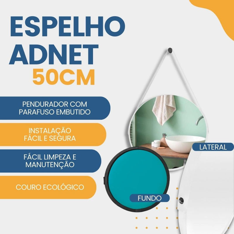 Espelho redondo com alça ajustável pendurado na parede