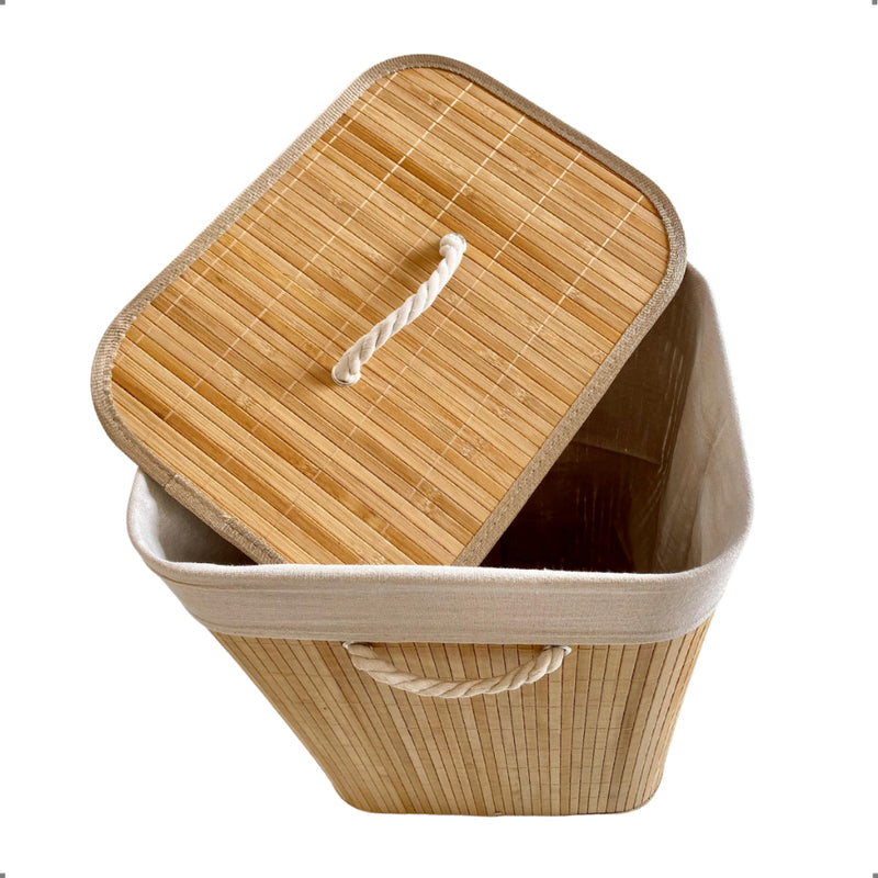Cesto De Roupa Suja Bambu Dobravel Organizador Forrado Banheiro 60L/70L Grande Cesto Retangular