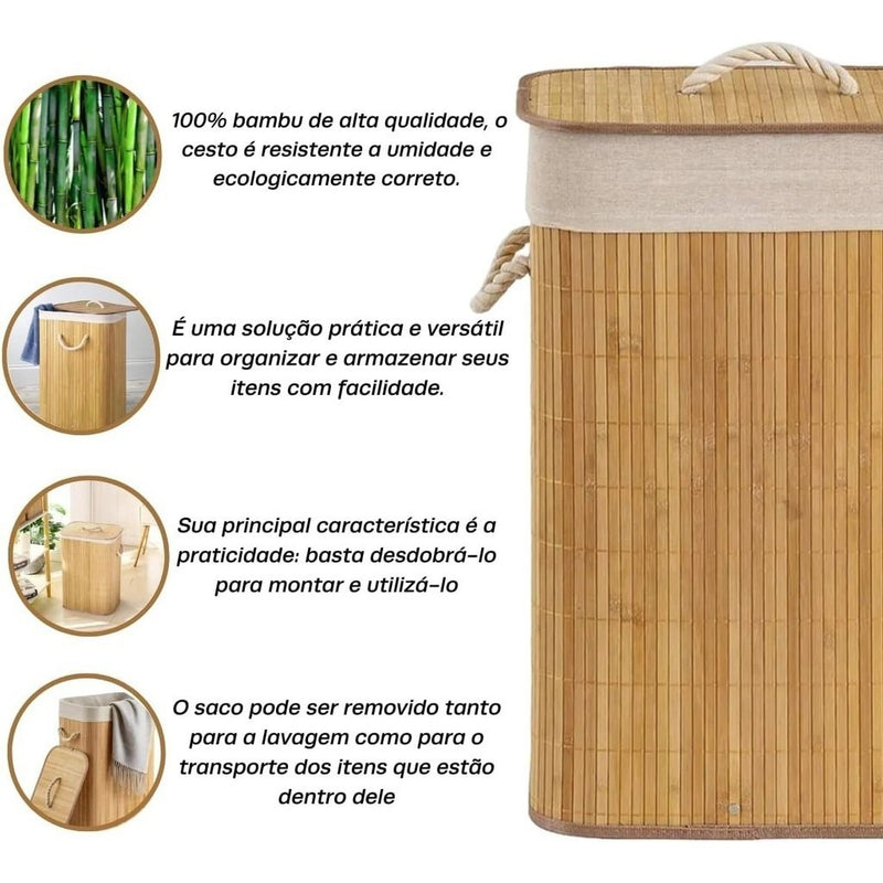 Cesto De Roupa Suja Bambu Dobravel Organizador Forrado Banheiro 60L/70L Grande Cesto Retangular